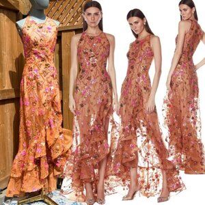 🆕 BRONX & BANCO🧿 NWOT Sicilia Coral Sequin Fluted Hem Maxi Dress, Sz XS US2